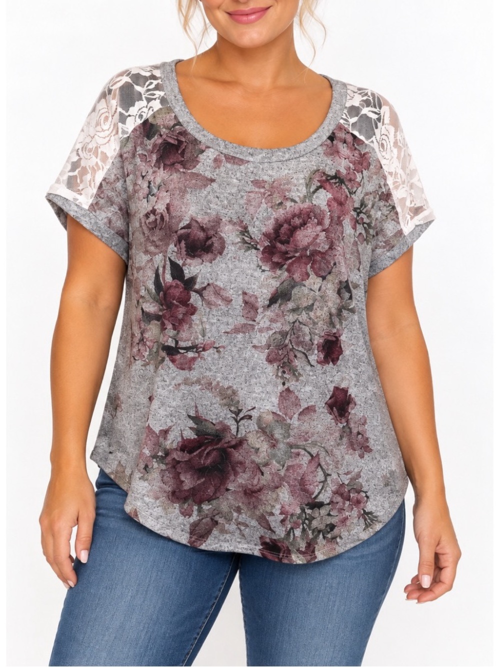 Siren Lily Floral Gray Top with Lace Sleeves- Large